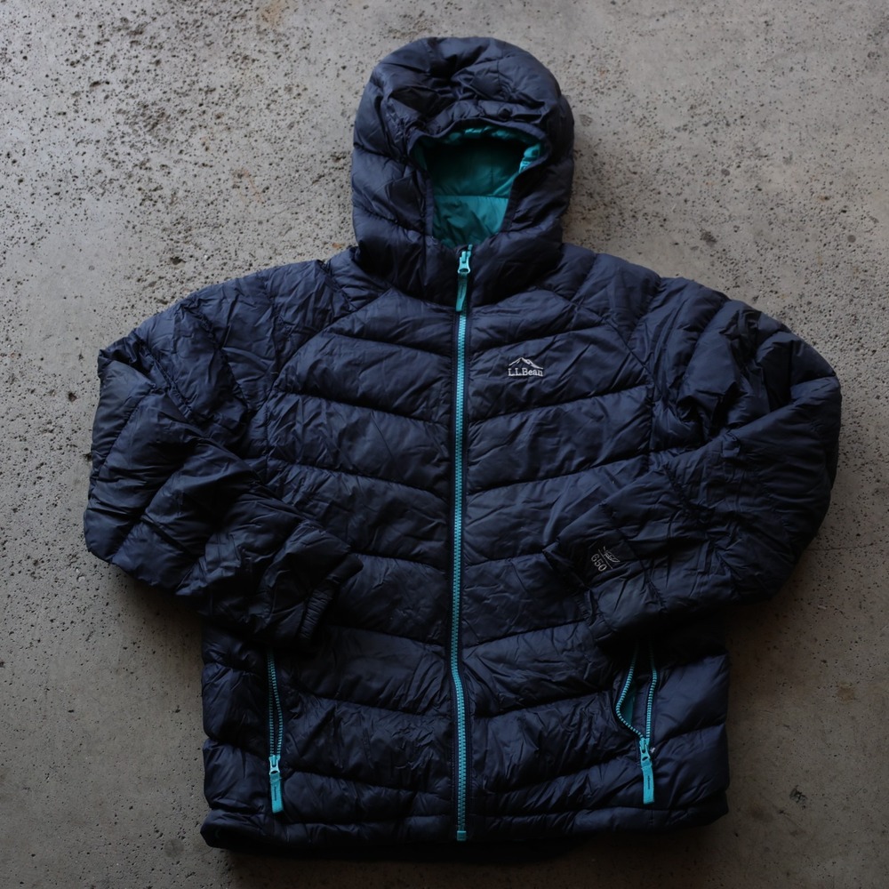 L.L.Bean Kids Ultralight 650 Down Hooded Puffer Jacket Size L 14-16 Navy Teal